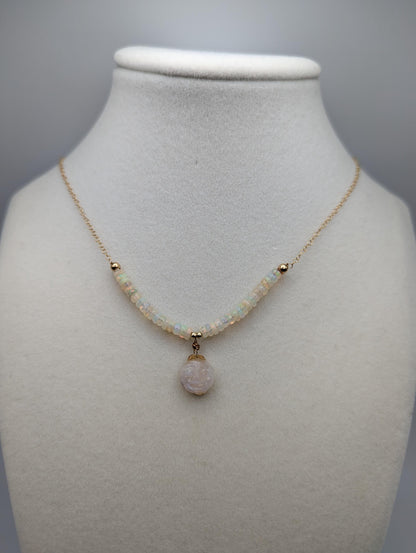 14k Yellow Gold Opal Necklace w/ Opal Beads. Gold Leaf Necklace 20" Chain