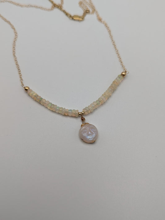 14k Yellow Gold Opal Necklace w/ Opal Beads. Gold Leaf Necklace 20" Chain