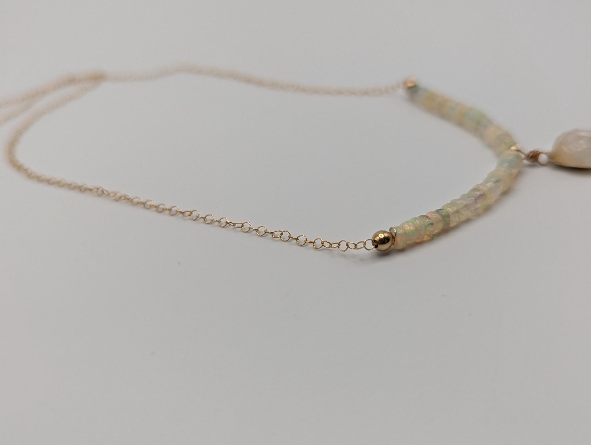 14k Yellow Gold Opal Necklace w/ Opal Beads. Gold Leaf Necklace 20" Chain