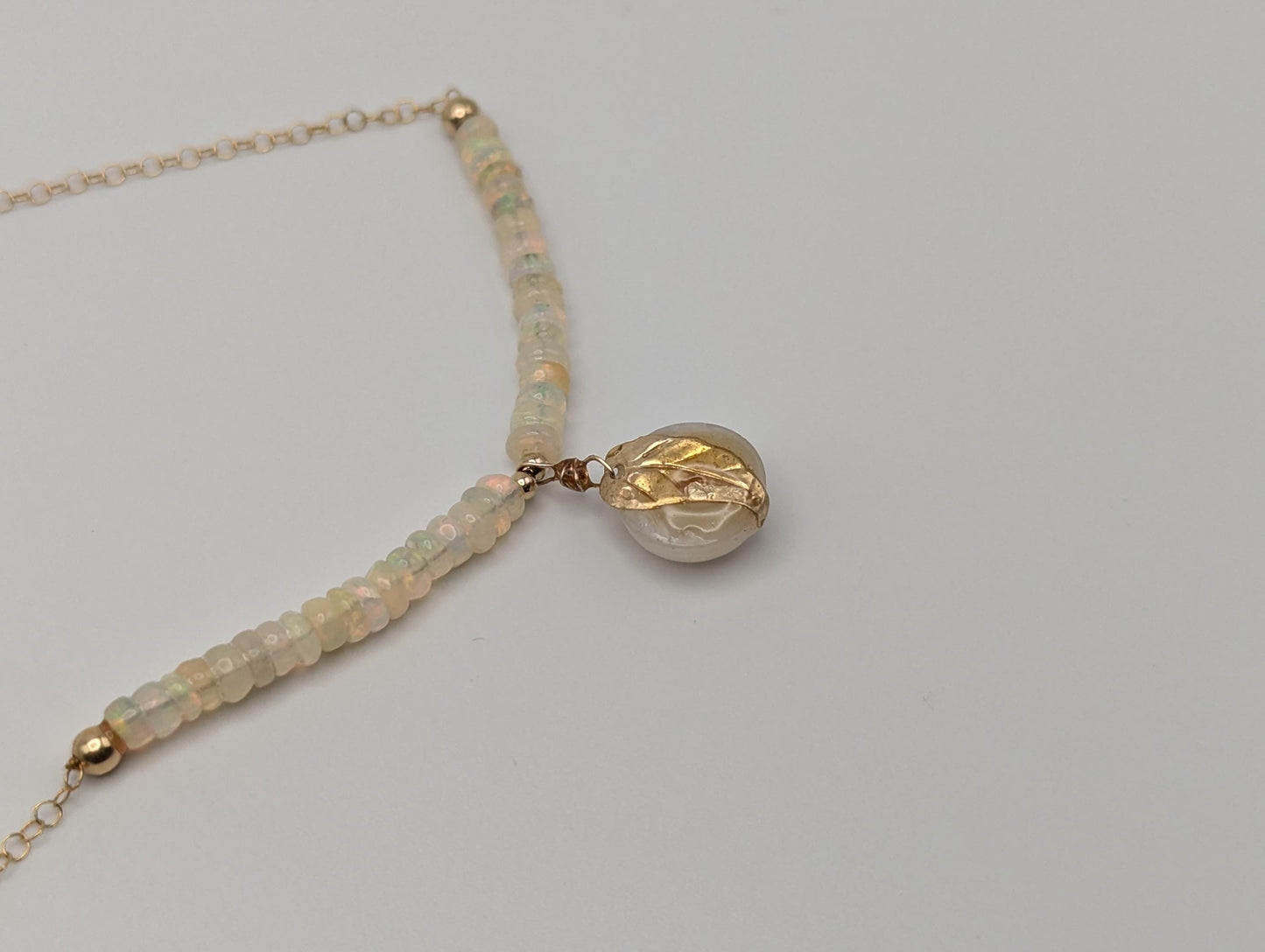 14k Yellow Gold Opal Necklace w/ Opal Beads. Gold Leaf Necklace 20" Chain