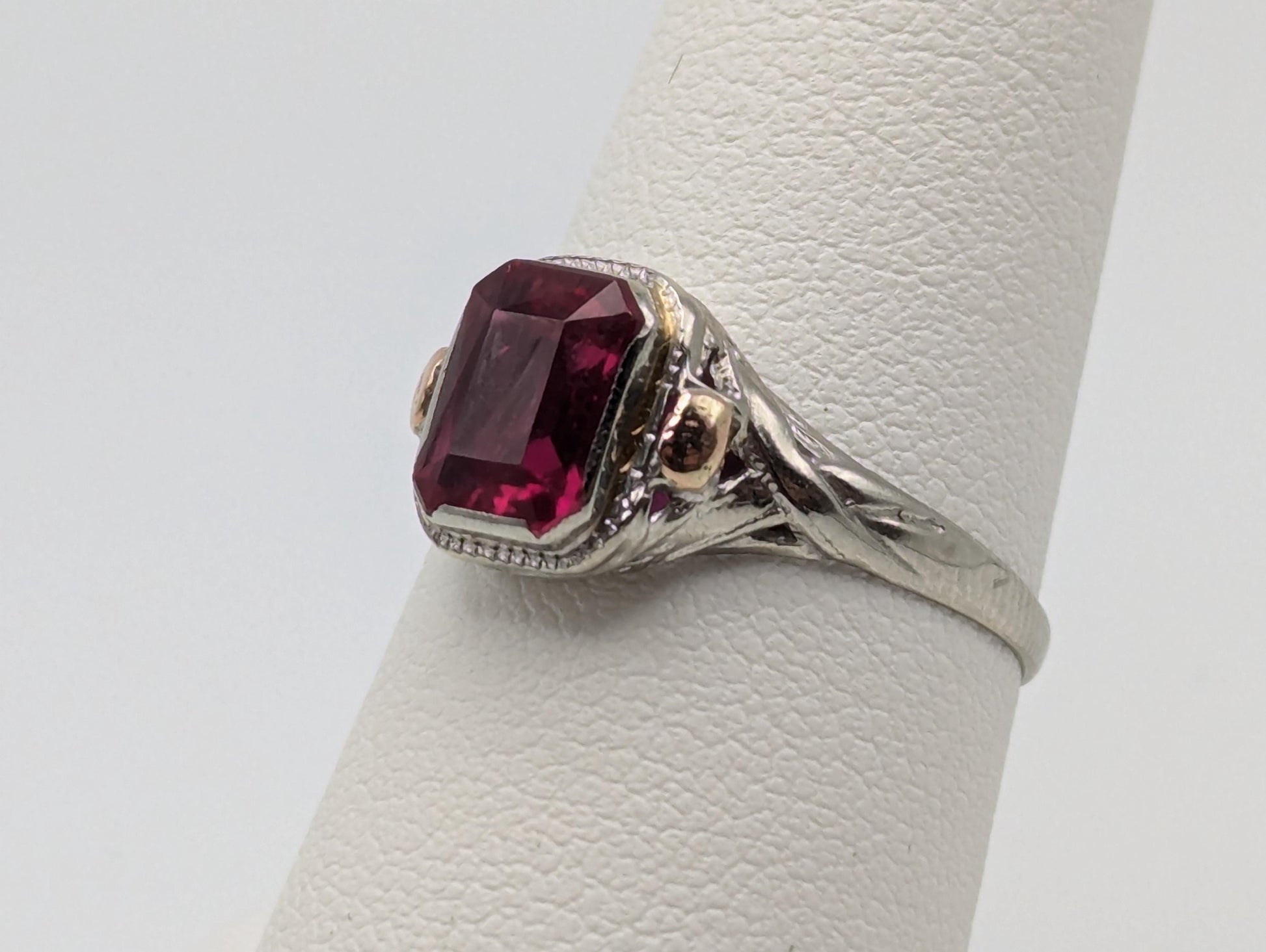 14k White Gold Ruby Filigree Ring Promise Wedding Engagement Band.