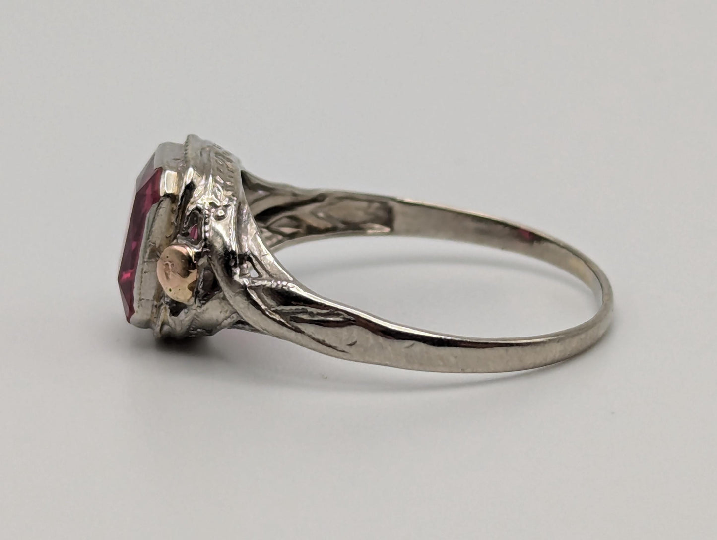 14k White Gold Ruby Filigree Ring Promise Wedding Engagement Band.