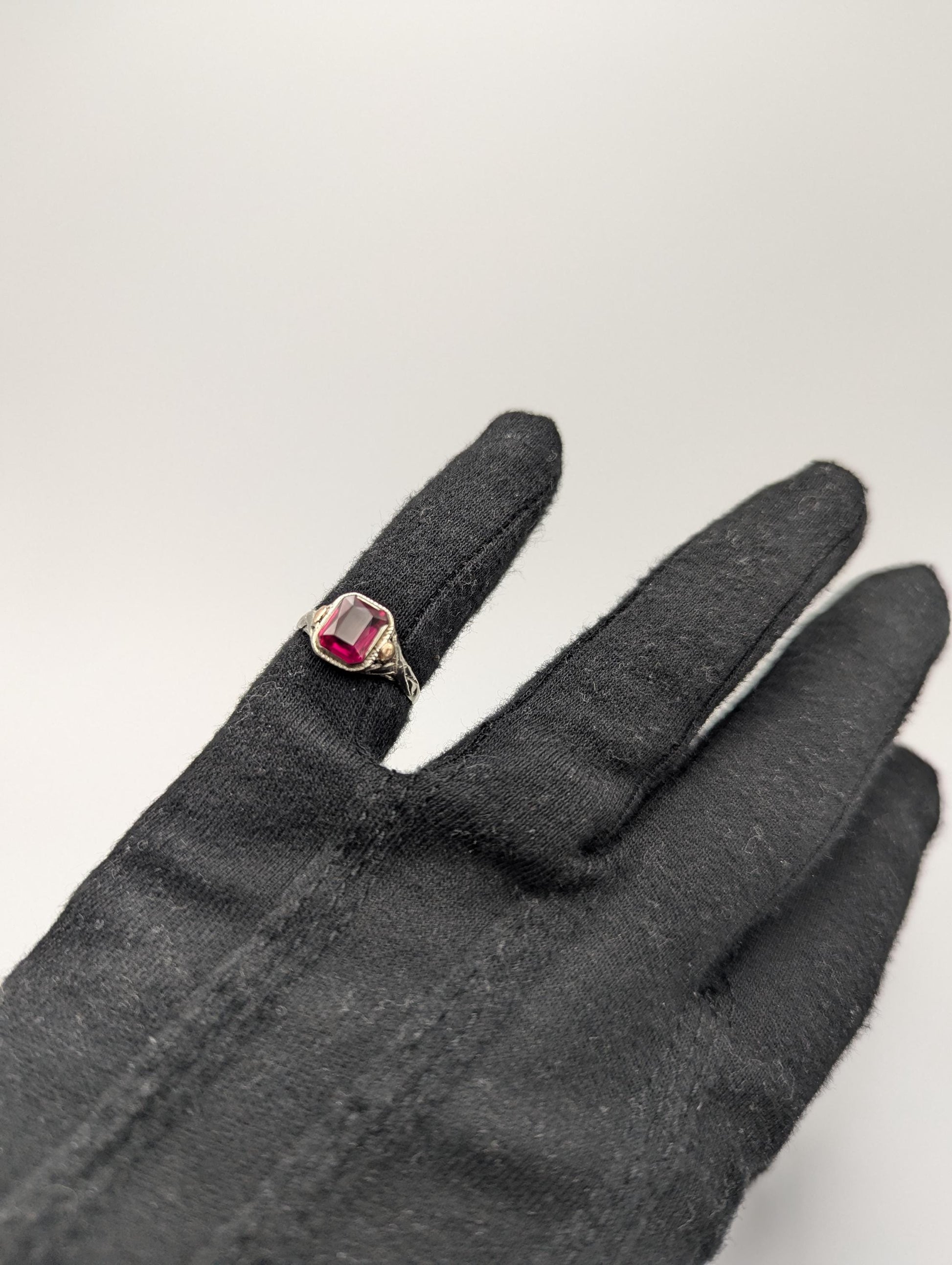 14k White Gold Ruby Filigree Ring Promise Wedding Engagement Band.