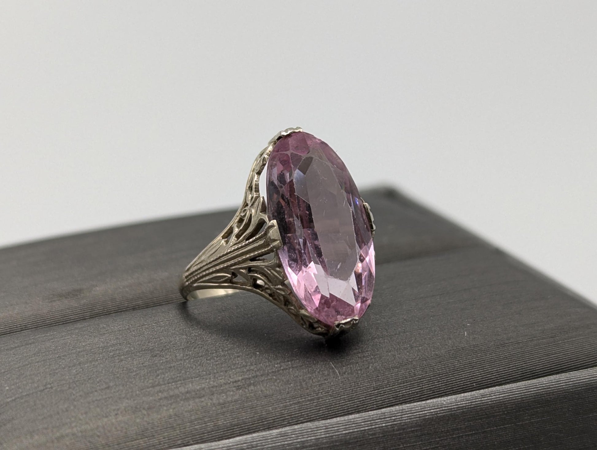 14k White Gold Filigree Pink Stone Ring 14k Handmade Statement Ring Cocktail Ring.