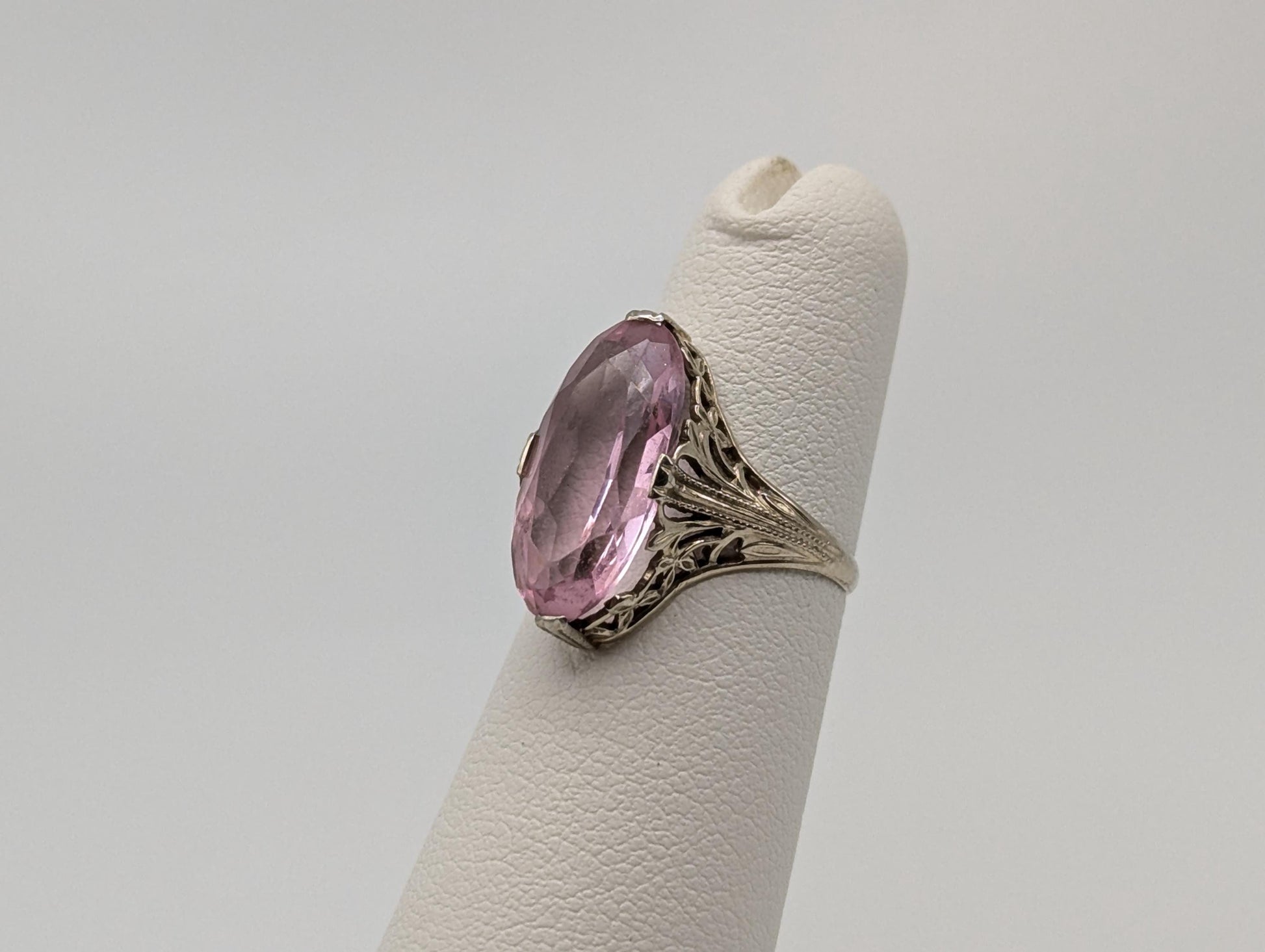 14k White Gold Filigree Pink Stone Ring 14k Handmade Statement Ring Cocktail Ring.