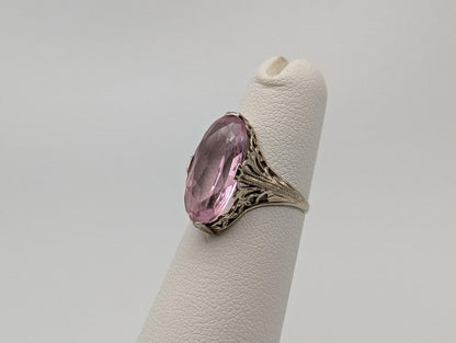 14k White Gold Filigree Pink Stone Ring 14k Handmade Statement Ring Cocktail Ring.