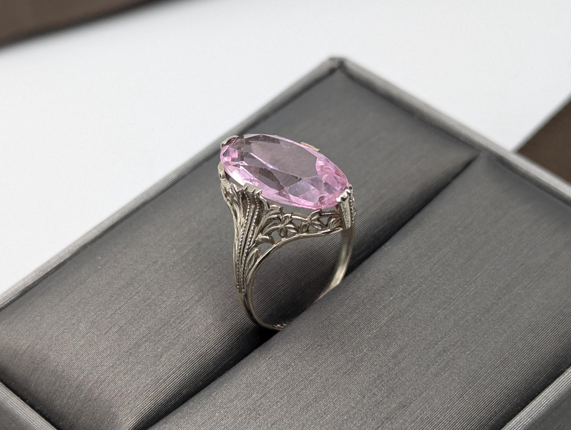 14k White Gold Filigree Pink Stone Ring 14k Handmade Statement Ring Cocktail Ring.