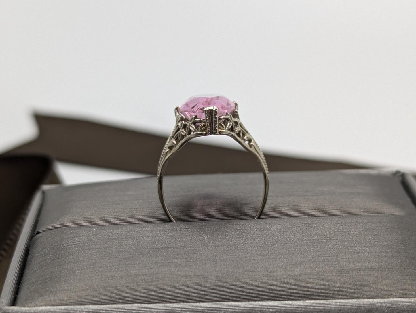 14k White Gold Filigree Pink Stone Ring 14k Handmade Statement Ring Cocktail Ring.