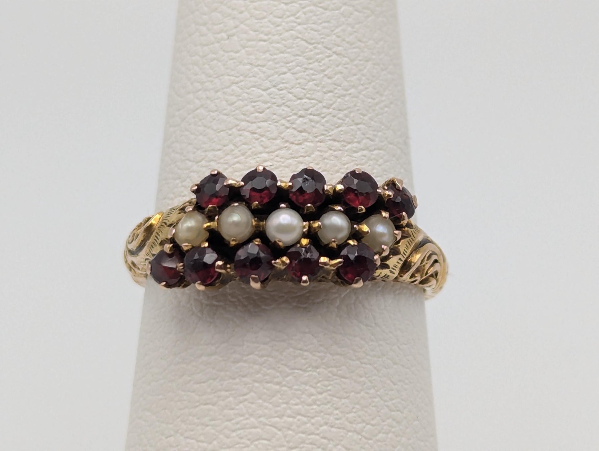 10k Vintage Yellow Gold Ruby Seed Pearl Ring Wedding cocktail Promise Band