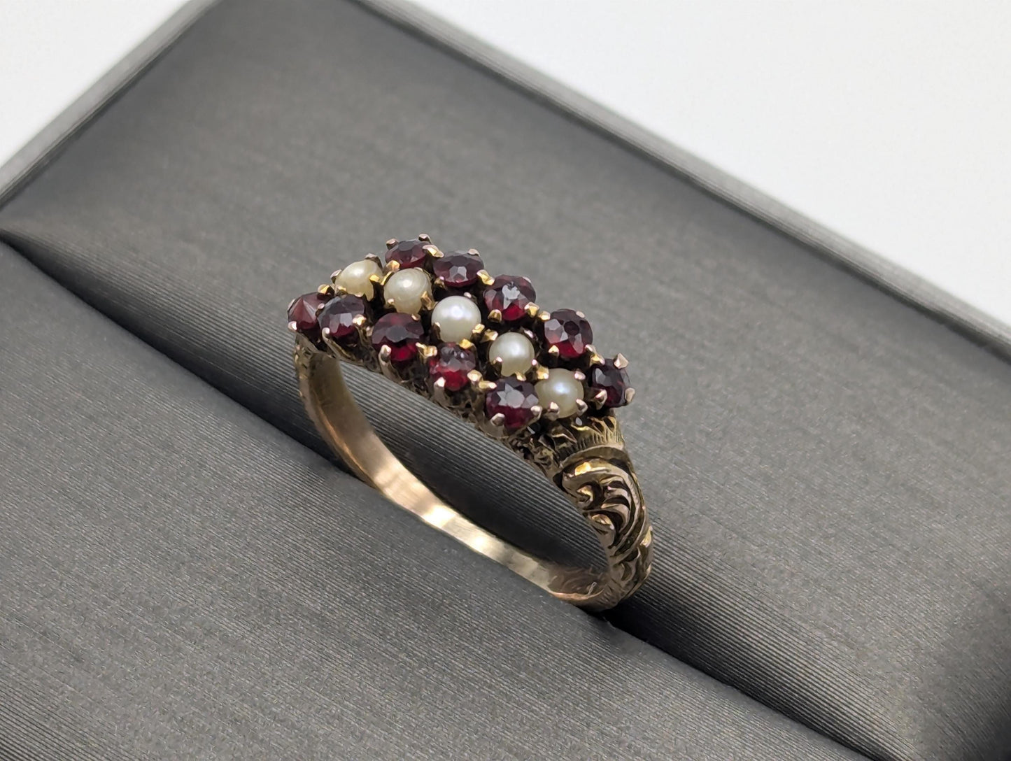 10k Vintage Yellow Gold Ruby Seed Pearl Ring Wedding cocktail Promise Band