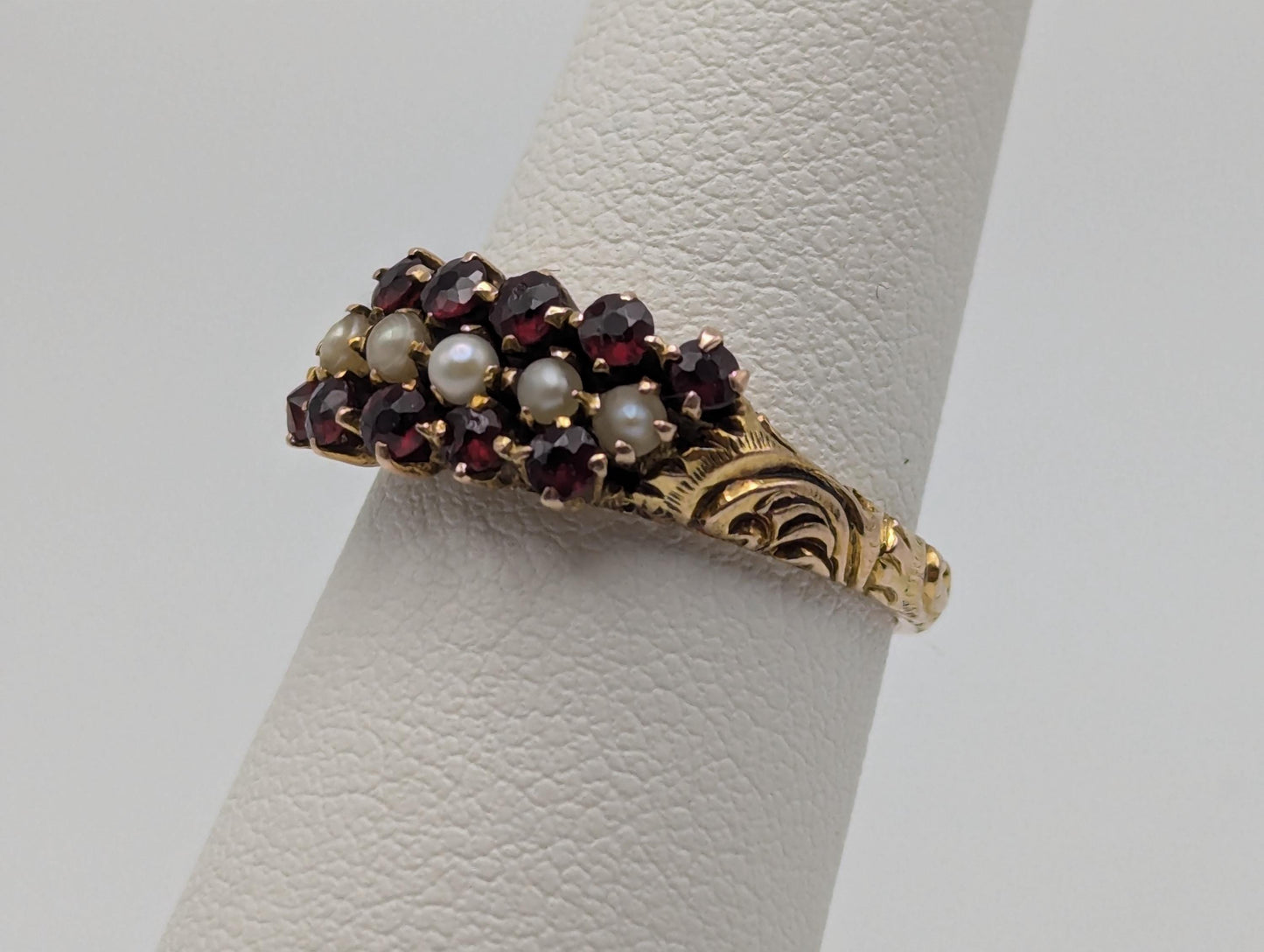 10k Vintage Yellow Gold Ruby Seed Pearl Ring Wedding cocktail Promise Band