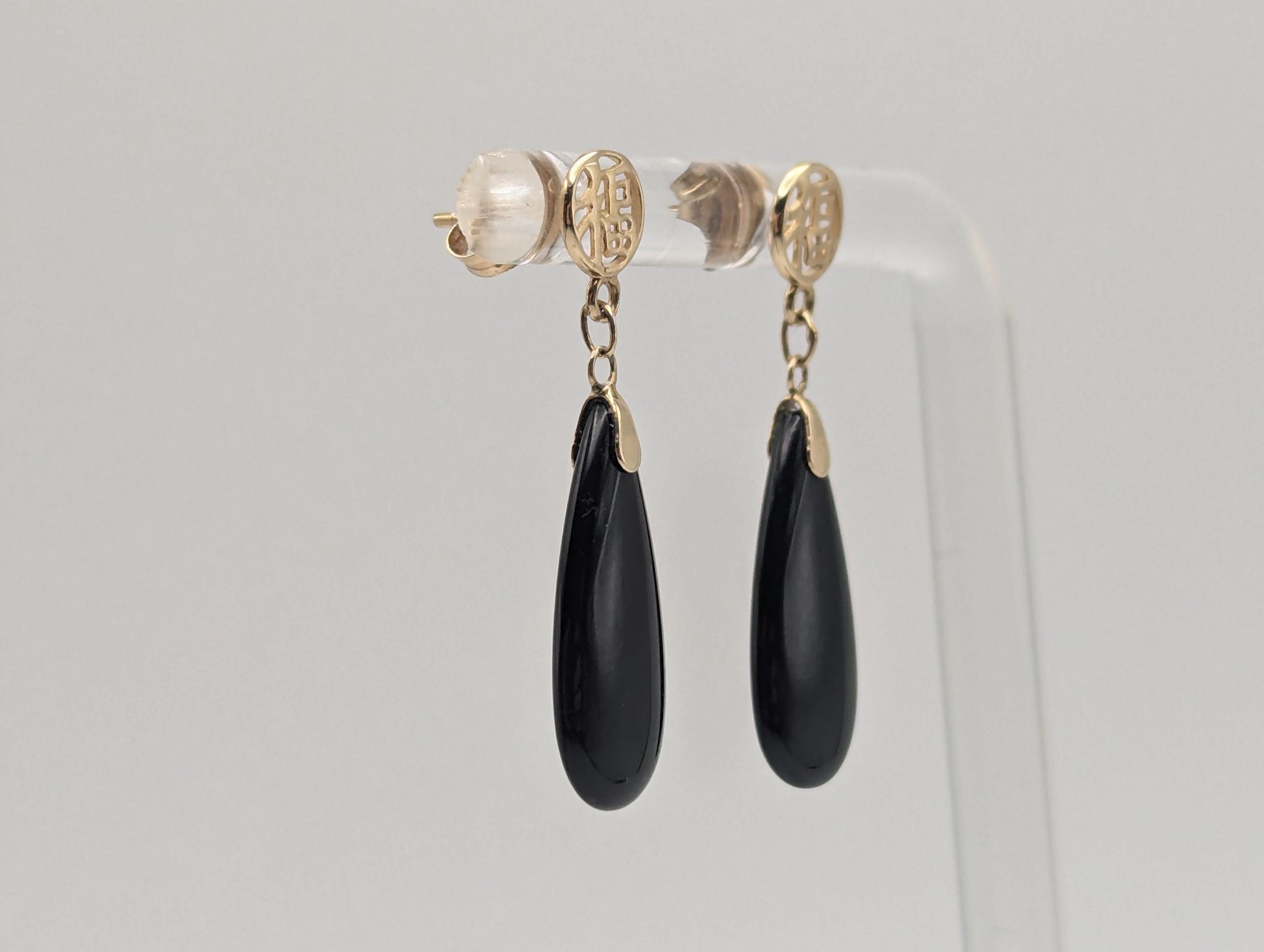 14K Yellow Gold Fu Fuku Black Onyx Drop Dangle Earrings Luck Happiness Chinese