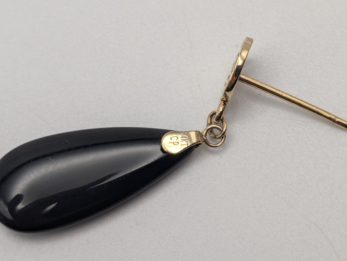 14K Yellow Gold Fu Fuku Black Onyx Drop Dangle Earrings Luck Happiness Chinese