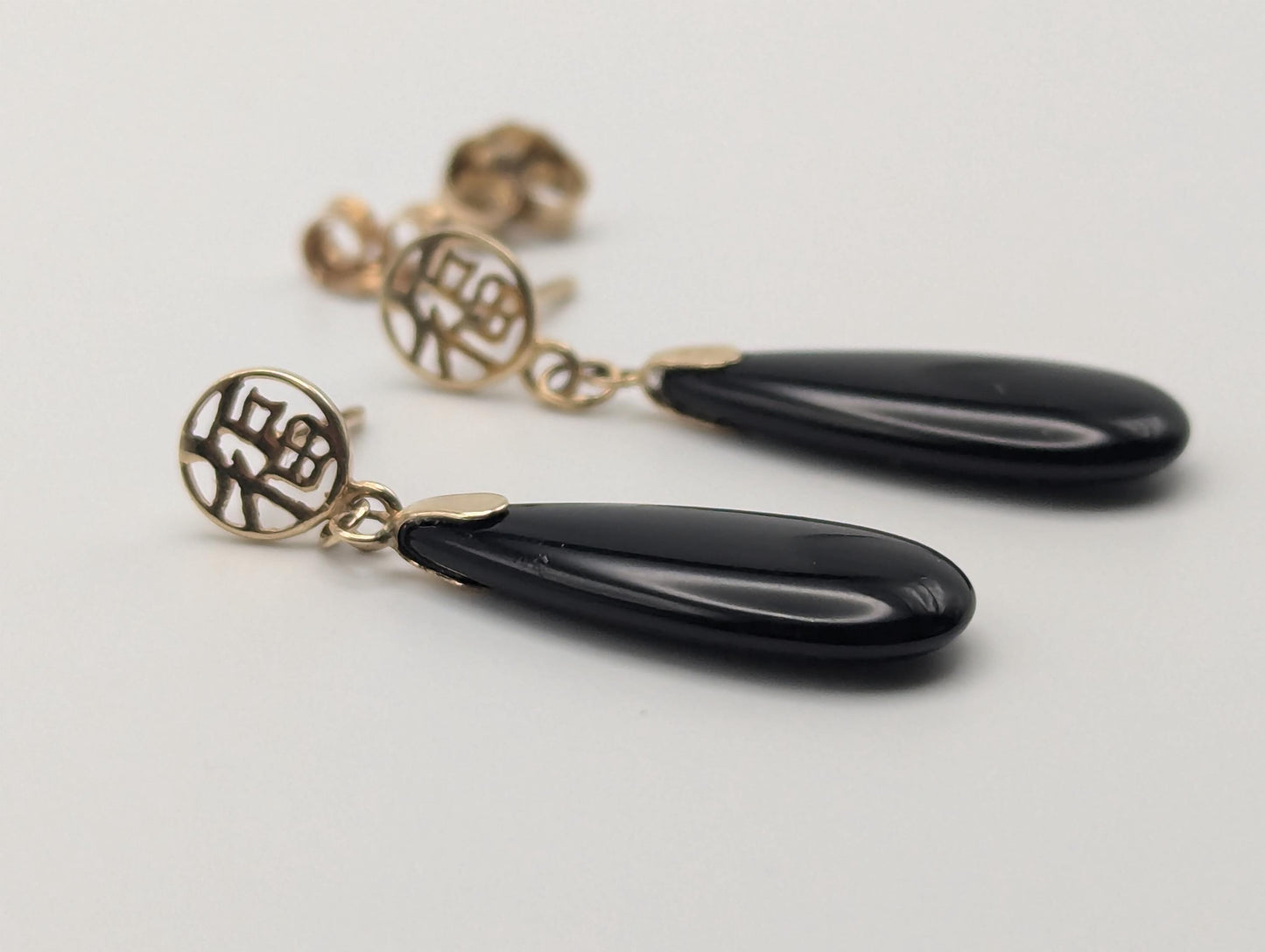 14K Yellow Gold Fu Fuku Black Onyx Drop Dangle Earrings Luck Happiness Chinese