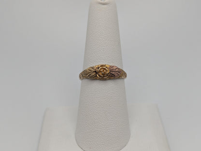 10k Multi-tone Gold Black Hills Signet Ring. Rose Gold Flower Vine Ring. Rose Ring.