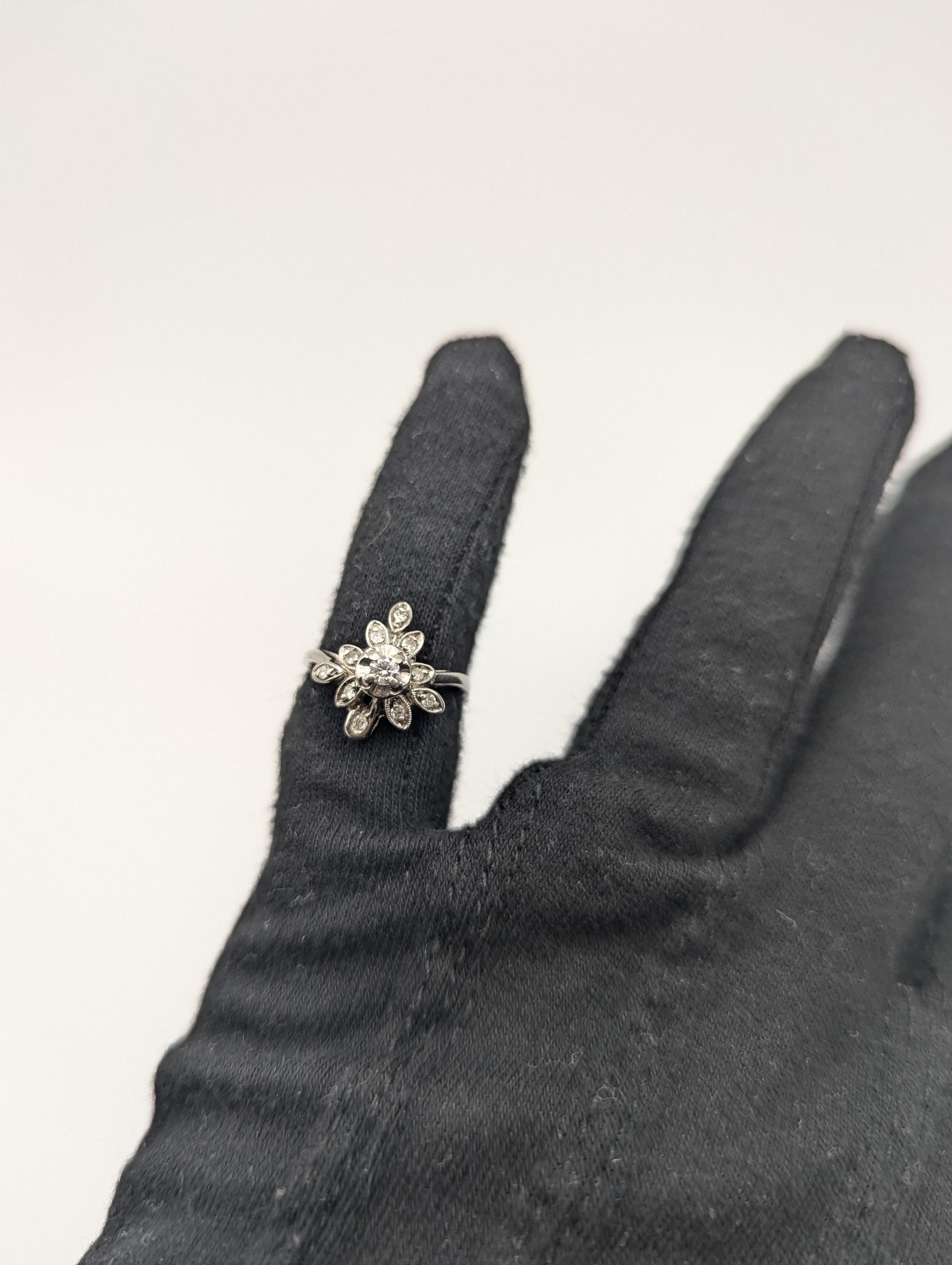 14k White Gold Diamond Flower Shaped Ring Statement Cocktail Engagement Ring Wedding