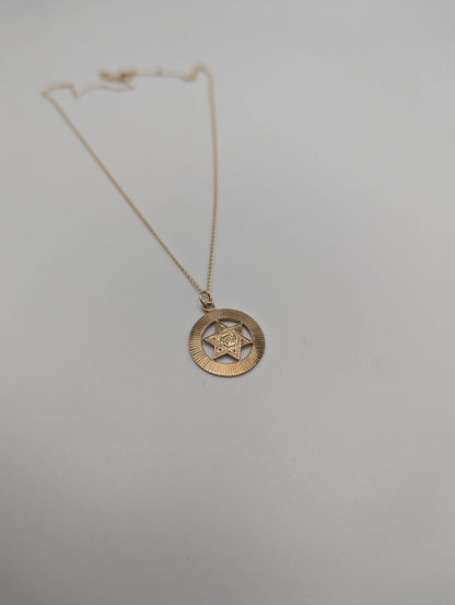 Israel 14K Yellow Gold Star of David w/Gold Chain Necklace Circle Pendant