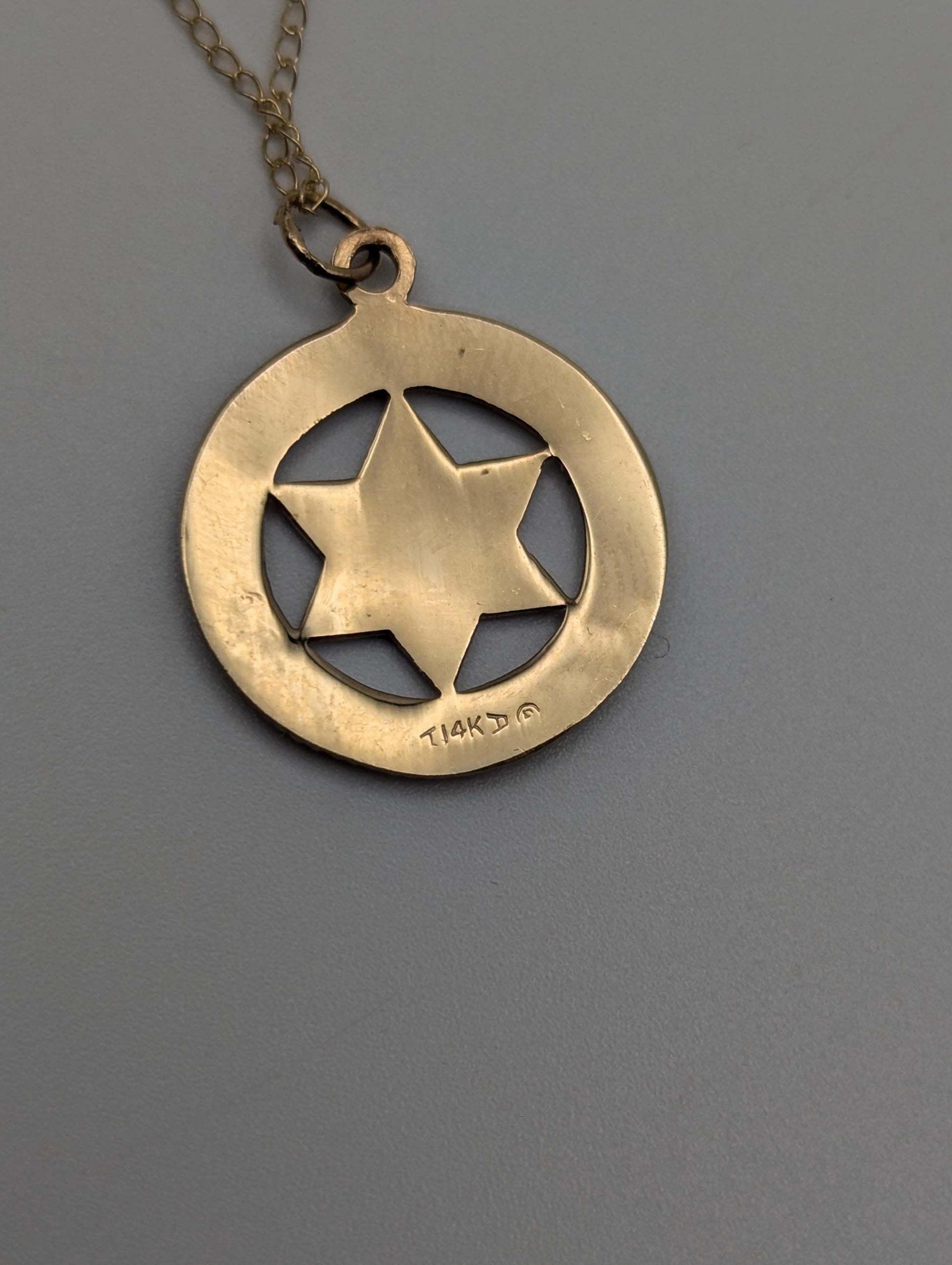 Israel 14K Yellow Gold Star of David w/Gold Chain Necklace Circle Pendant