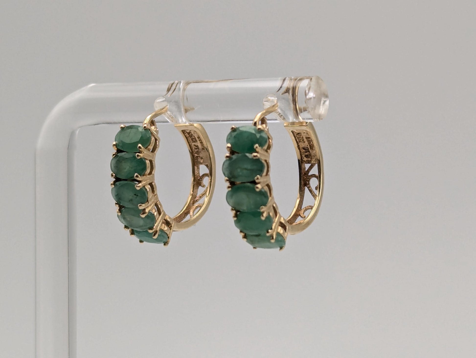 14k Yellow Gold Huggie Green Emerald Earrings Hoops