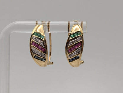 14k Yellow Gold Huggie Multi Gem Earrings Emerald Ruby Sapphire Huggie Hoops
