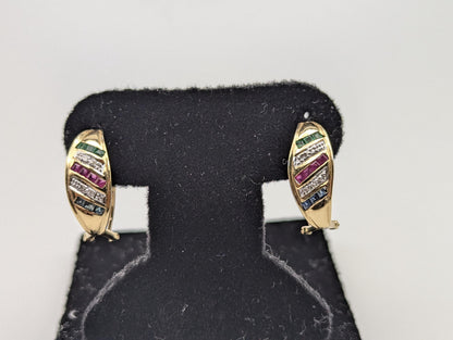 14k Yellow Gold Huggie Multi Gem Earrings Emerald Ruby Sapphire Huggie Hoops