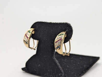 14k Yellow Gold Huggie Multi Gem Earrings Emerald Ruby Sapphire Huggie Hoops
