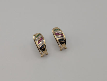 14k Yellow Gold Huggie Multi Gem Earrings Emerald Ruby Sapphire Huggie Hoops