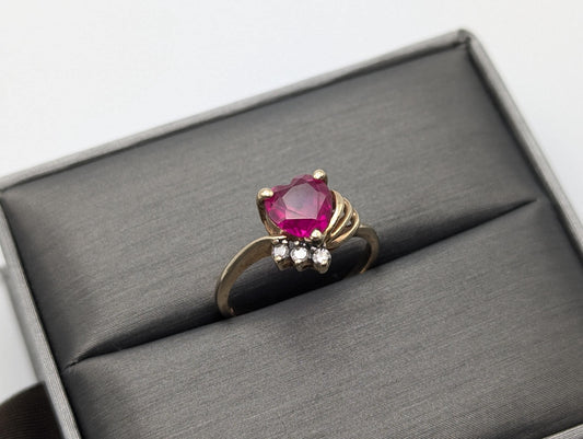 10k Yellow Gold Diamond Ruby Heart Ring Promise Ring. Gold Heart Ring.