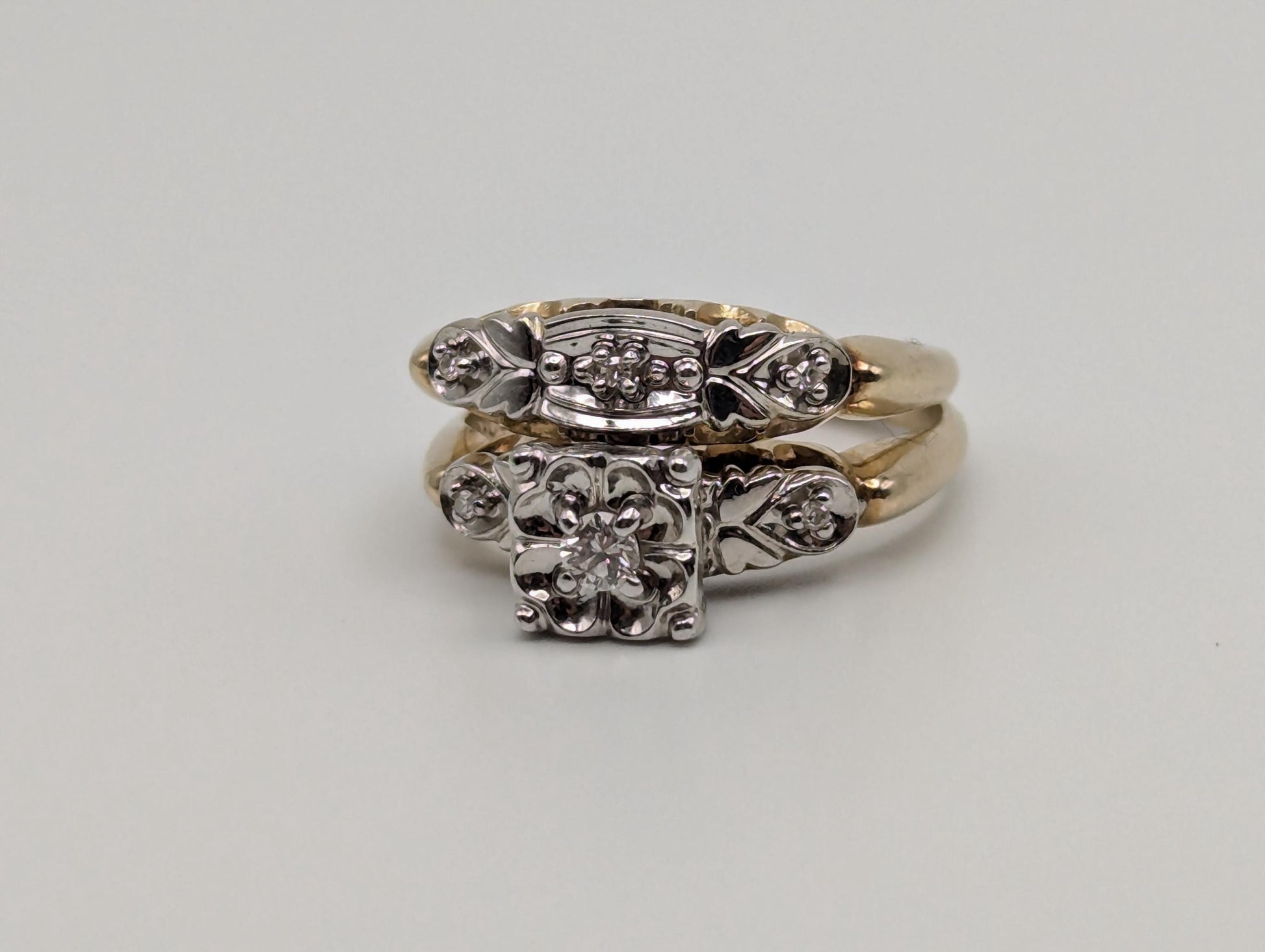 Art Deco 14k Yellow and White Gold Cathedral Diamond Wedding Ring