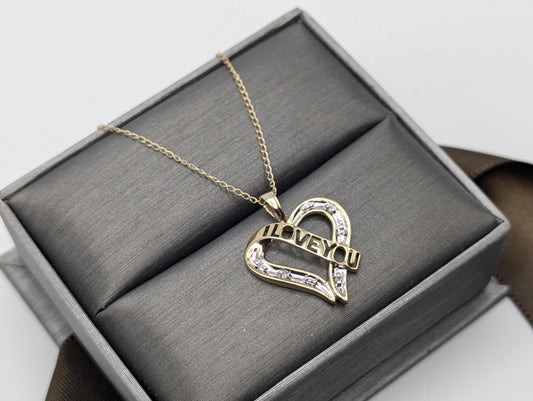 10K Two Tone Gold Diamond Heart I Love You Pendant Women's Heart Pendant Chain 18"