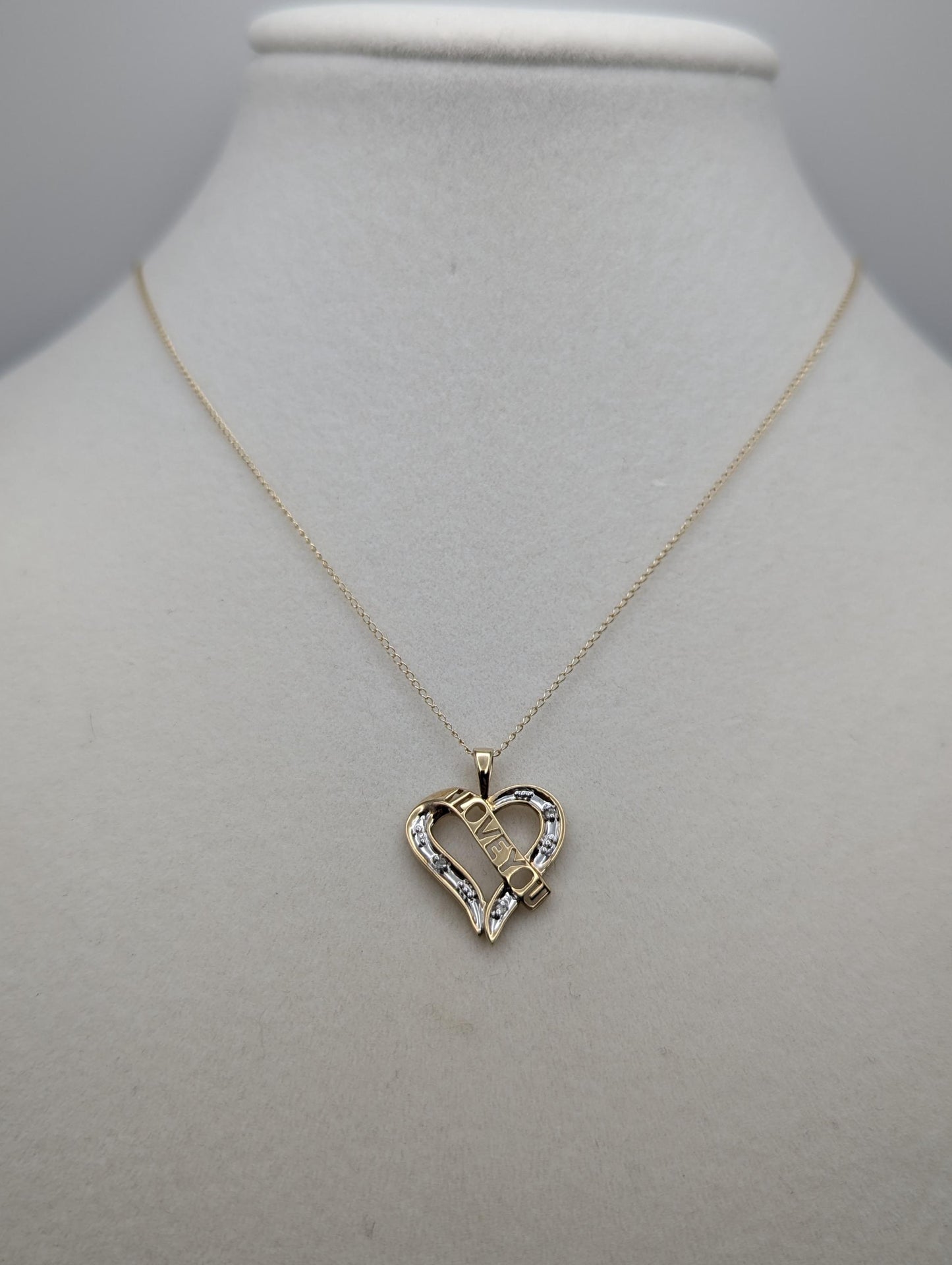 10K Two Tone Gold Diamond Heart I Love You Pendant Women's Heart Pendant Chain 18"