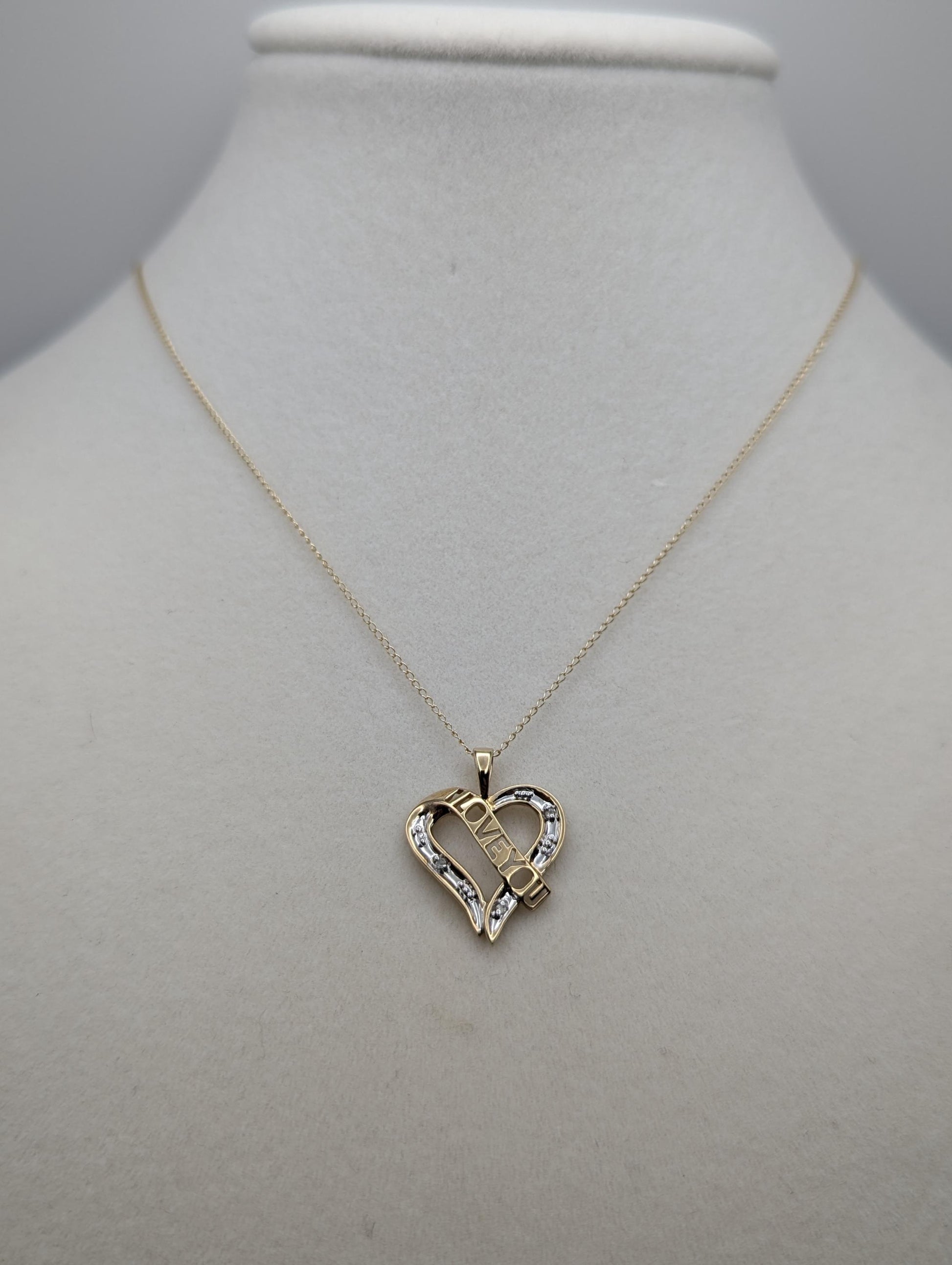 10K Two Tone Gold Diamond Heart I Love You Pendant Women's Heart Pendant Chain 18"