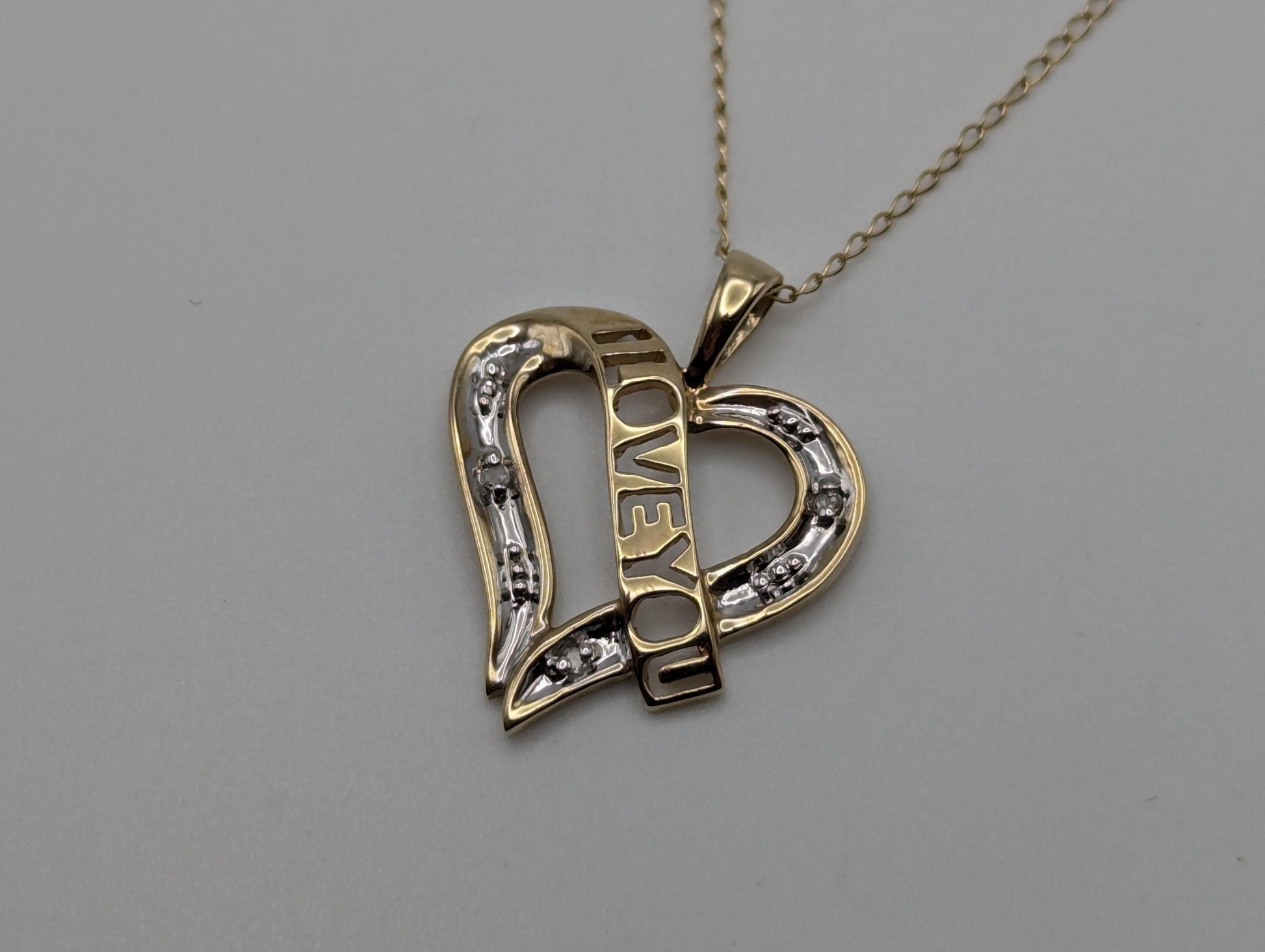 10K Two Tone Gold Diamond Heart I Love You Pendant Women's Heart Pendant Chain 18"