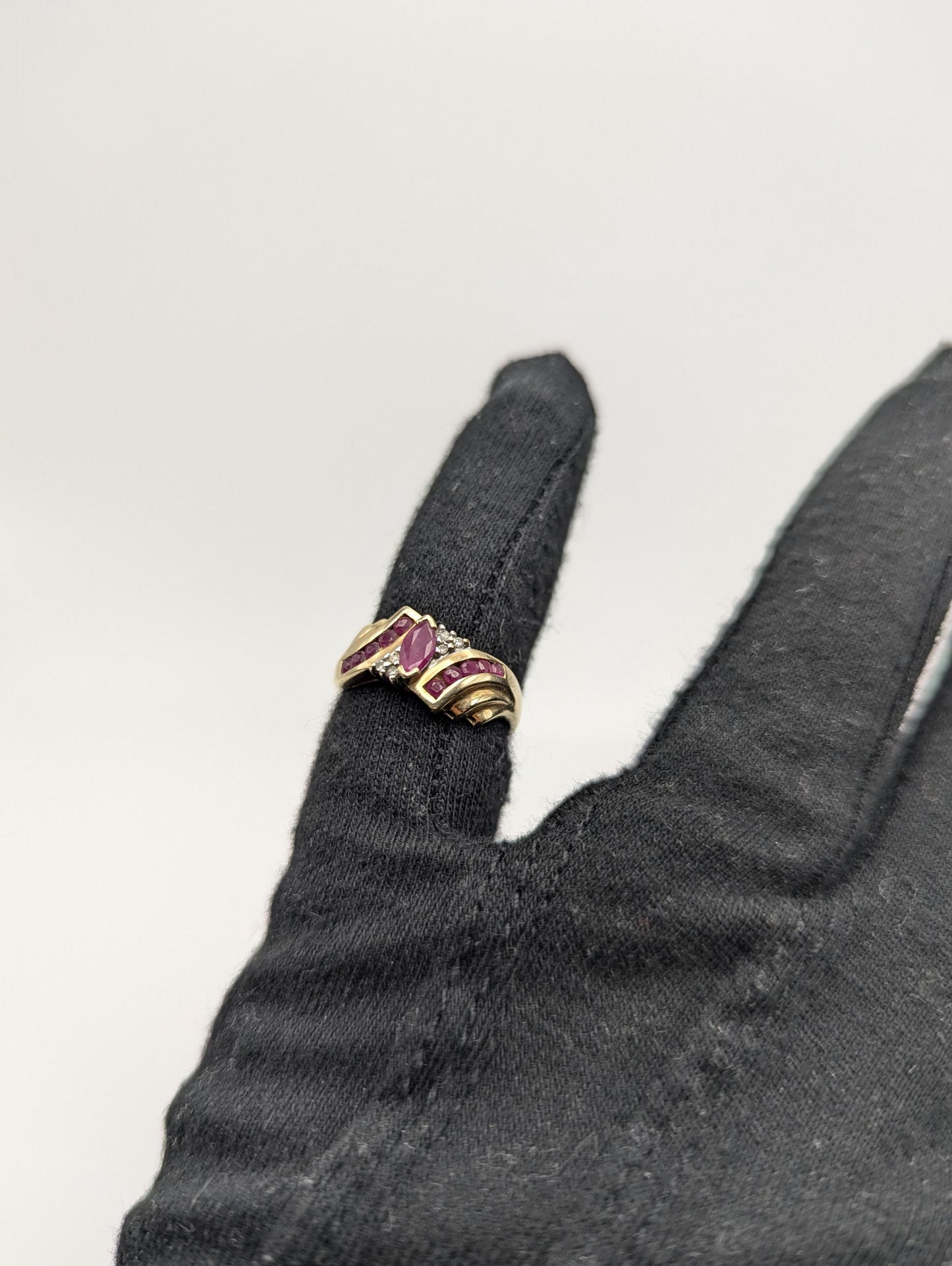 10k Yellow Gold Diamond Ruby Marquise Ring Promise Ring Cocktail Ring.