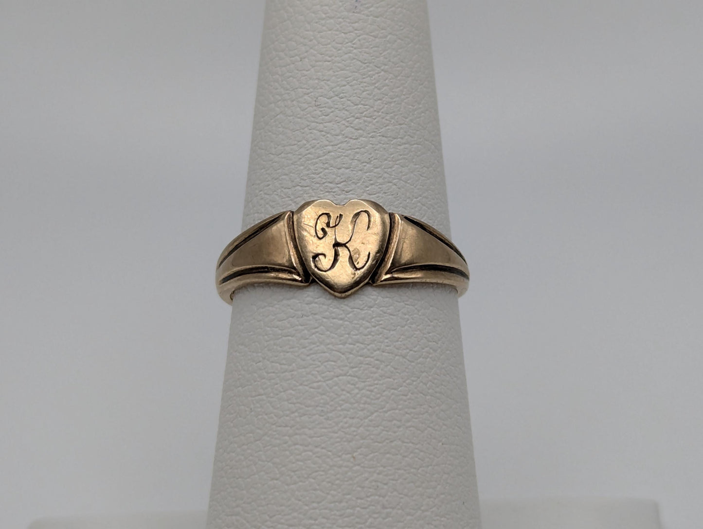 10k Vintage Solid Gold Letter K Heart Ring Yellow Statement Promise Ring