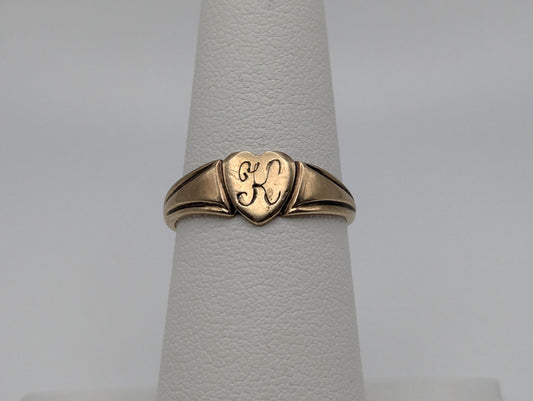 10k Vintage Solid Gold Letter K Heart Ring Yellow Statement Promise Ring