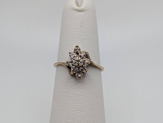 10k Yellow Gold Diamond Cluster Ring. Diamond Flower Band Wedding Cocktail Ring