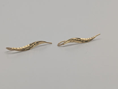 14K Yellow Gold Leaf Earrings Drop Earrings. Long Leaf Earrings.