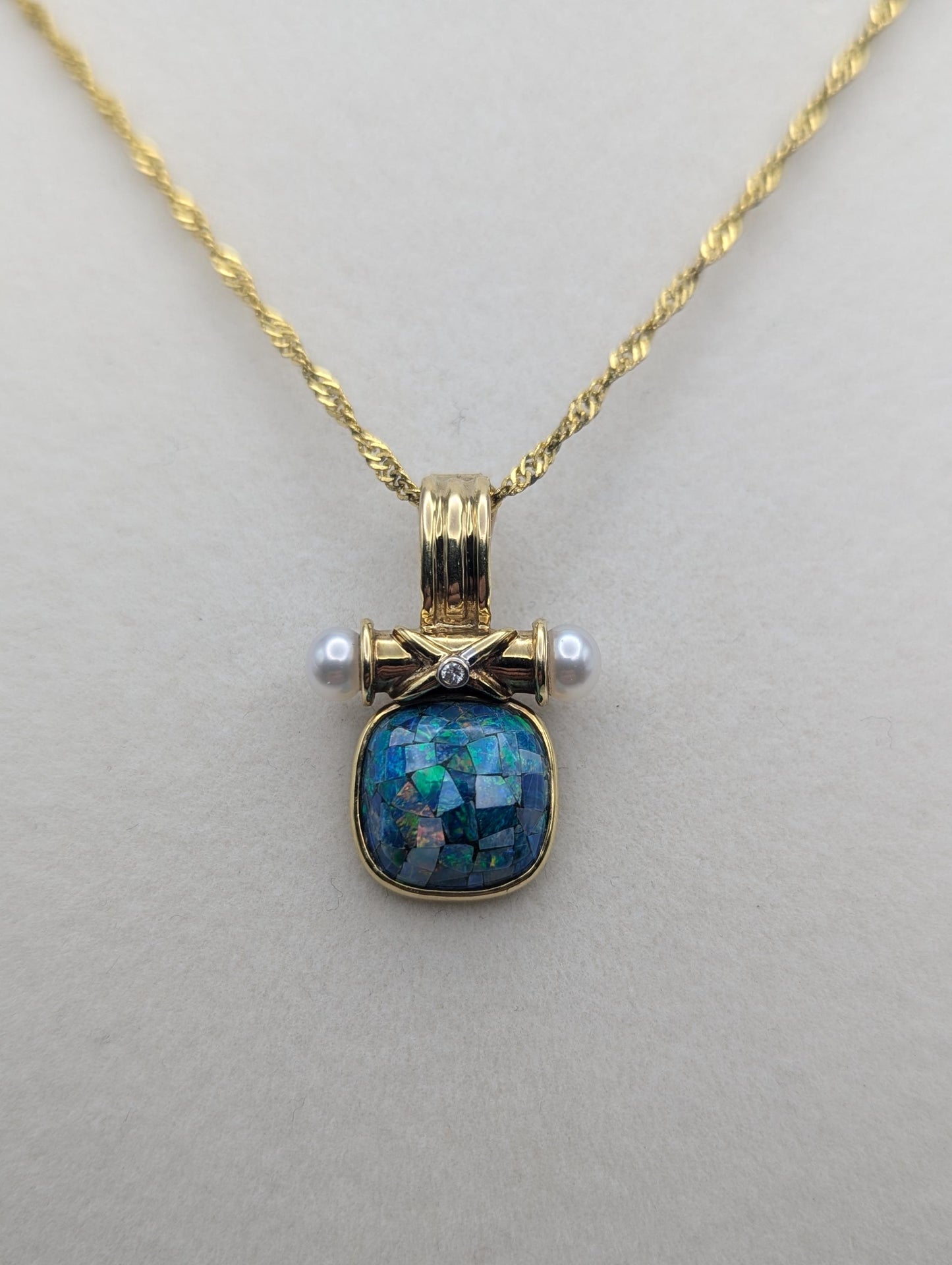 14k Gold Australian Black Opal with Diamond Pearls Pendant