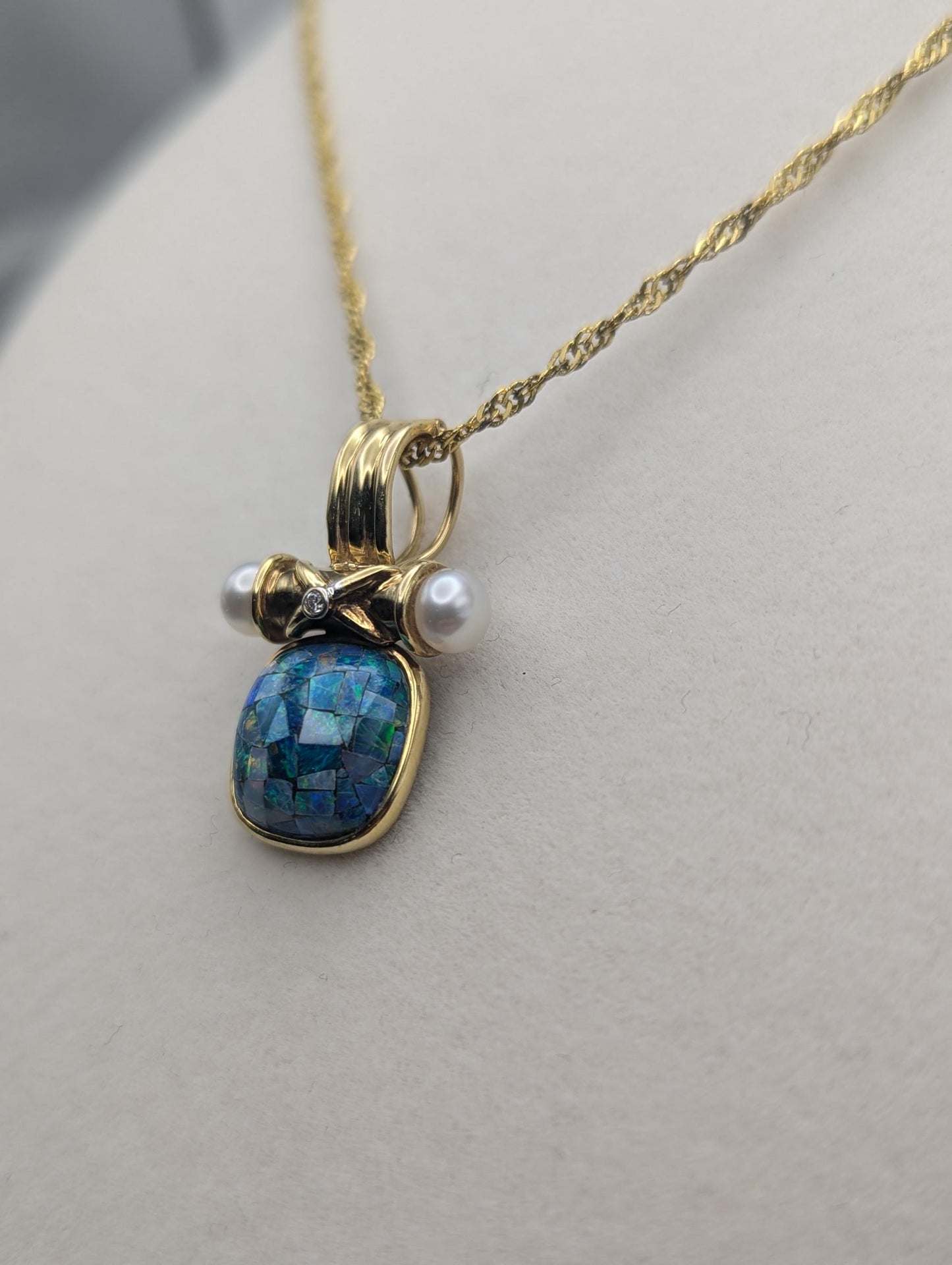 14k Gold Australian Black Opal with Diamond Pearls Pendant