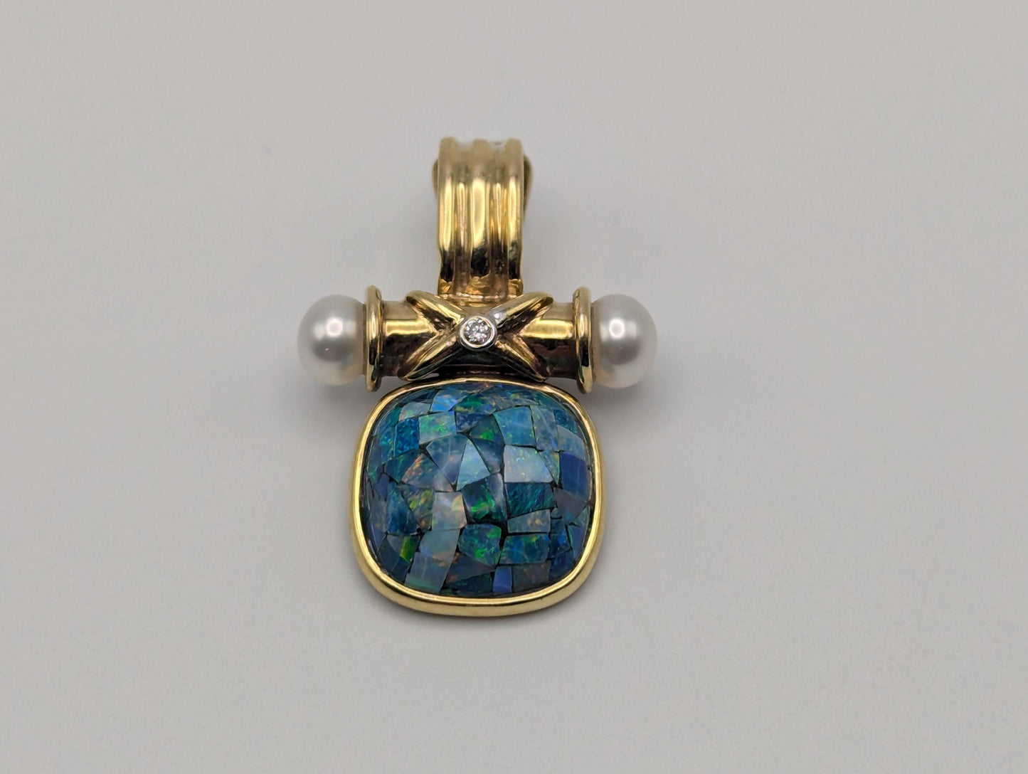 14k Gold Australian Black Opal with Diamond Pearls Pendant