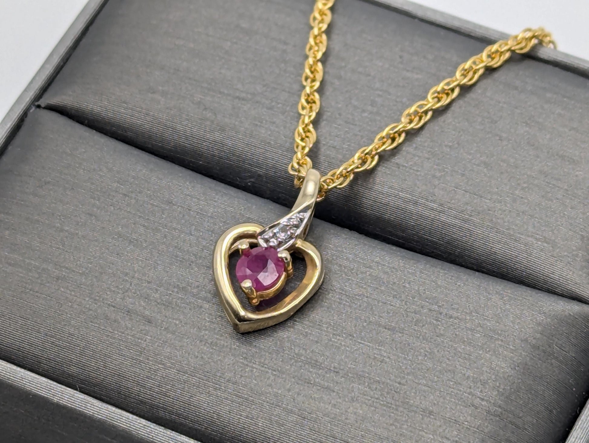 14K Yellow Gold Diamond Ruby Heart Love Pendant & Complimentary GF 14k Necklace Chain 18"