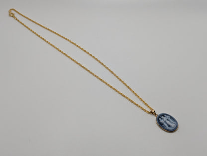 14k Gold Blue Cameo Three Muses Pendant Italy Blue Cameo Onyx + 14k GF Complimentary Chain.