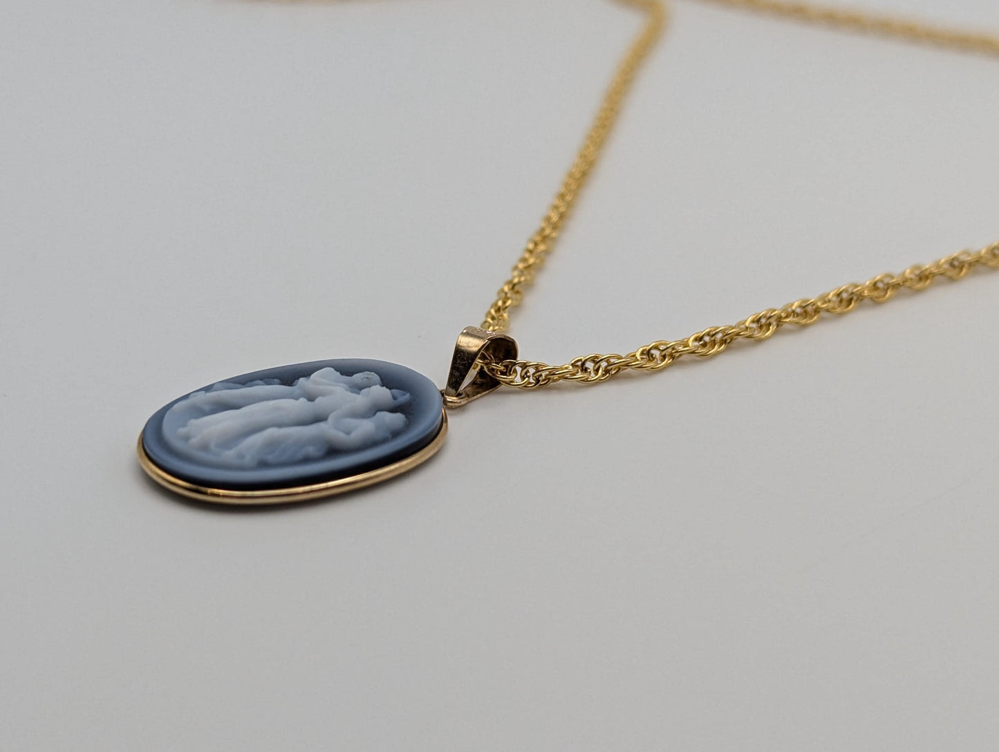 14k Gold Blue Cameo Three Muses Pendant Italy Blue Cameo Onyx + 14k GF Complimentary Chain.