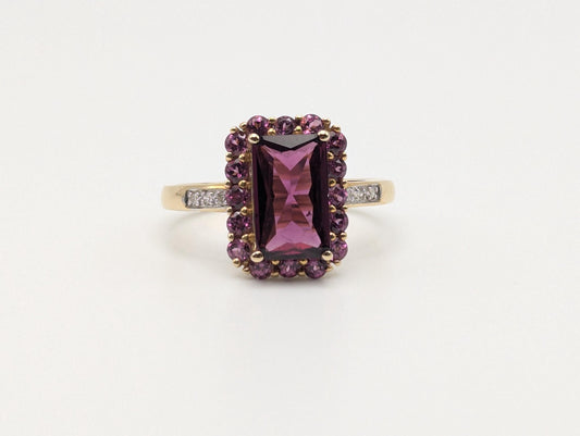 14k Yellow Gold Emerald Cut Rhodolite Garnet w/ Tourmaline and Diamonds Ring Cocktail Ring
