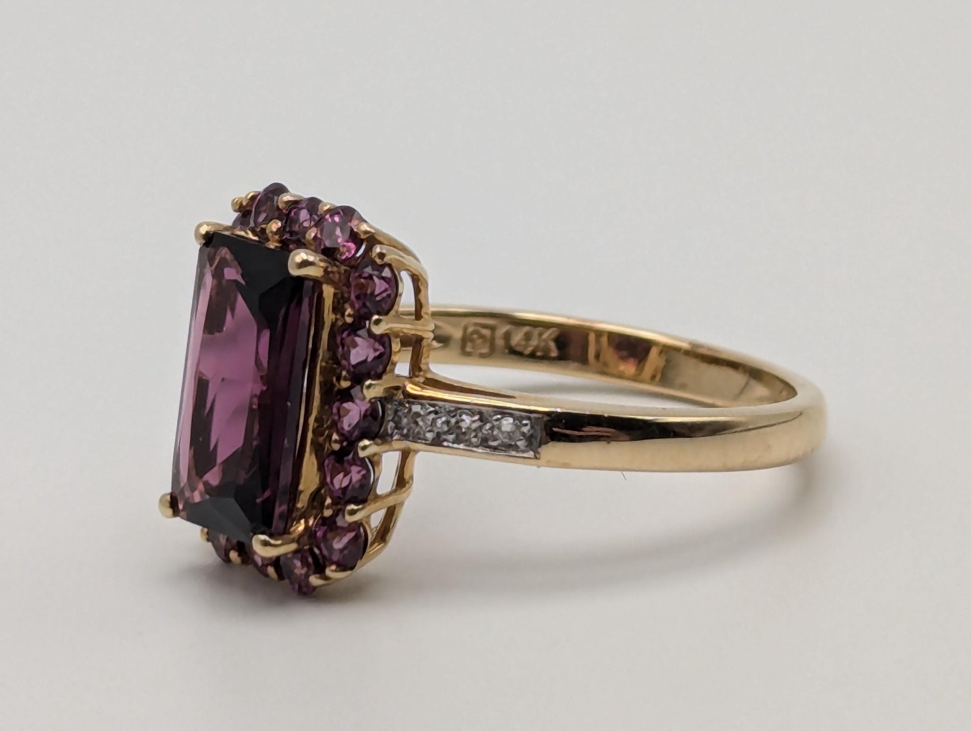 14k Yellow Gold Emerald Cut Rhodolite Garnet w/ Tourmaline and Diamonds Ring Cocktail Ring