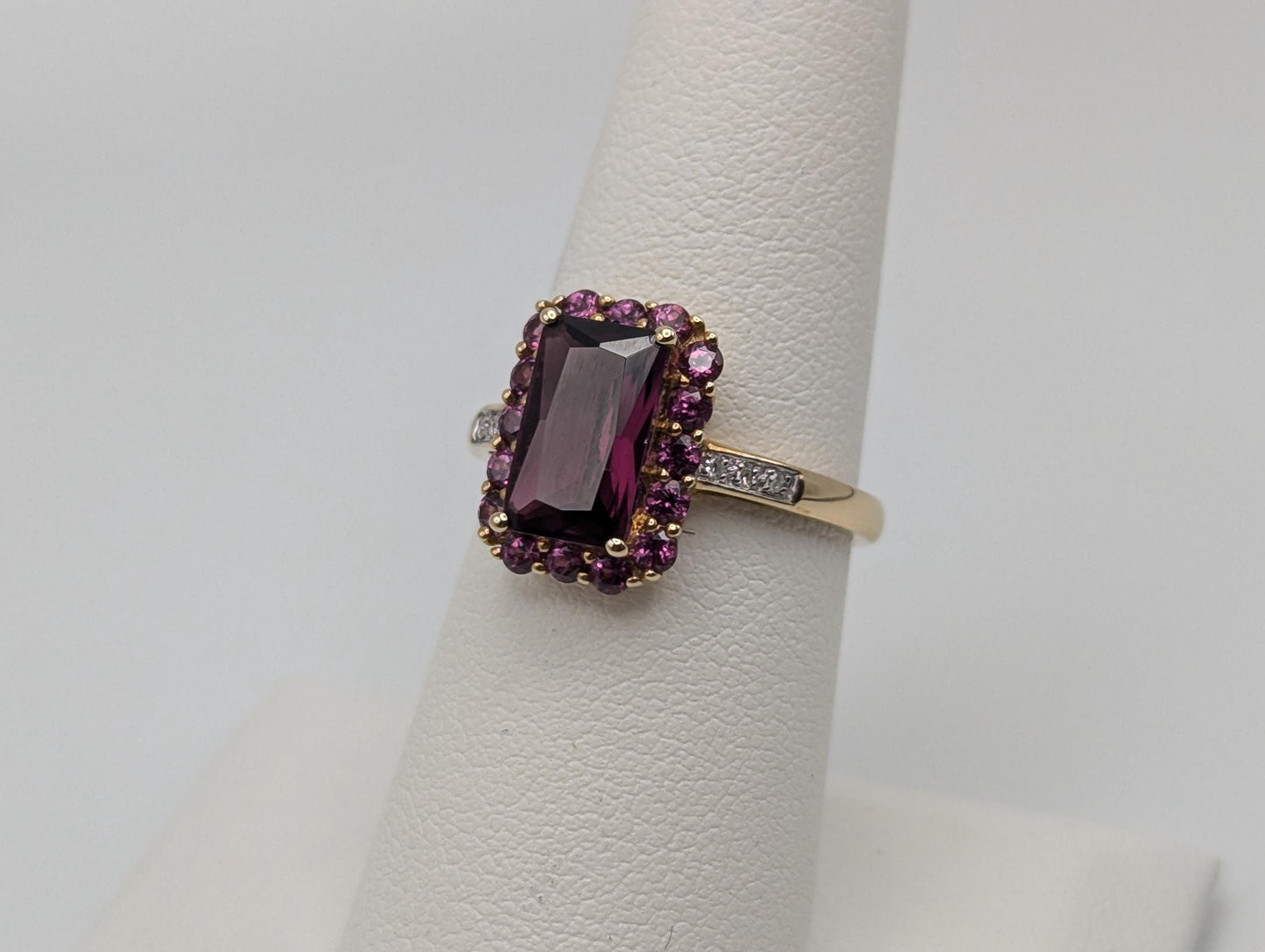 14k Yellow Gold Emerald Cut Rhodolite Garnet w/ Tourmaline and Diamonds Ring Cocktail Ring