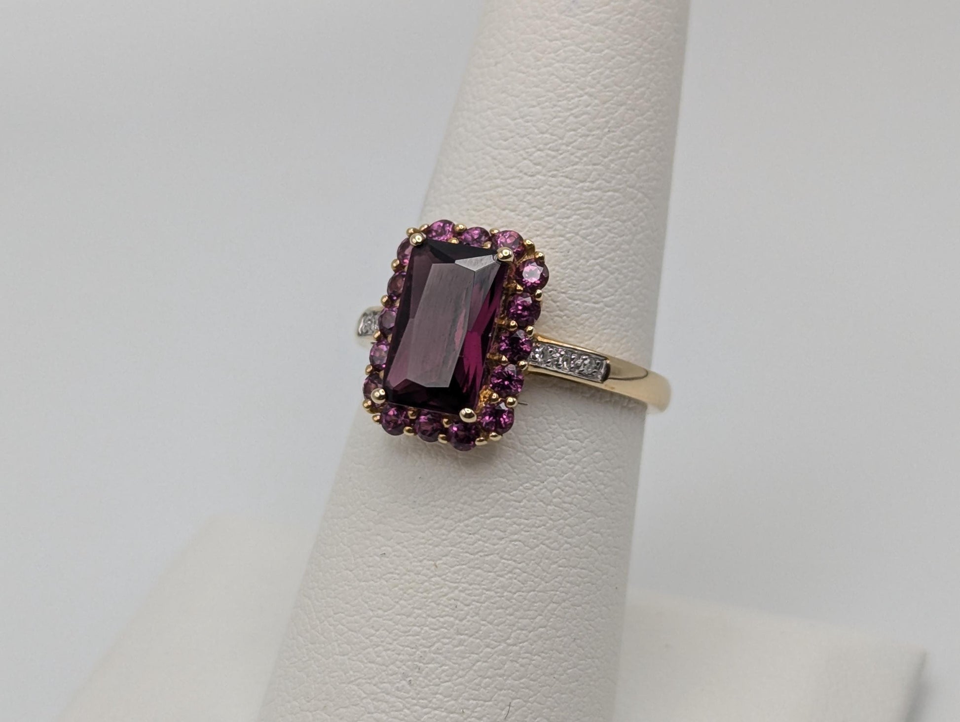 14k Yellow Gold Emerald Cut Rhodolite Garnet w/ Tourmaline and Diamonds Ring Cocktail Ring