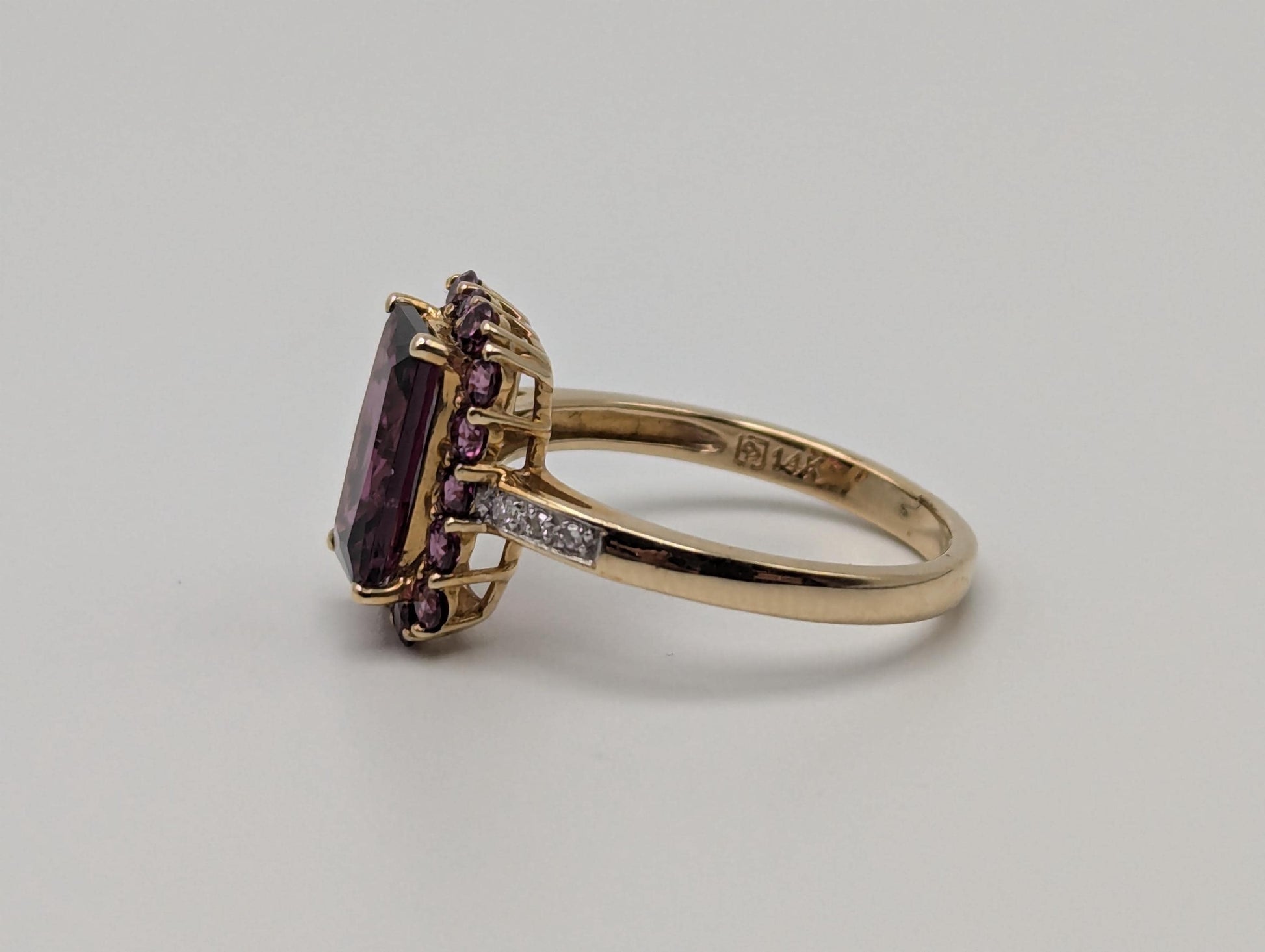 14k Yellow Gold Emerald Cut Rhodolite Garnet w/ Tourmaline and Diamonds Ring Cocktail Ring