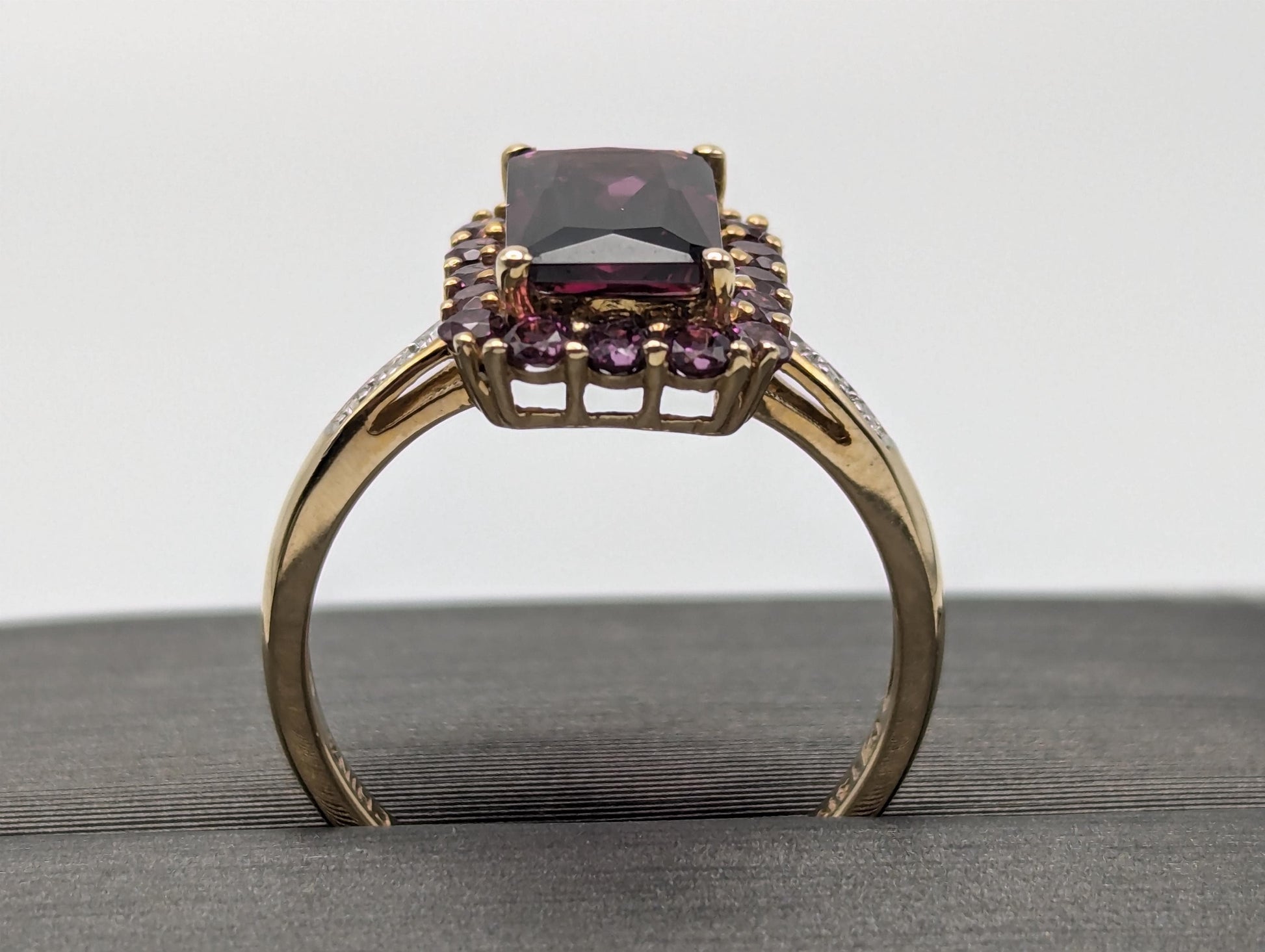 14k Yellow Gold Emerald Cut Rhodolite Garnet w/ Tourmaline and Diamonds Ring Cocktail Ring